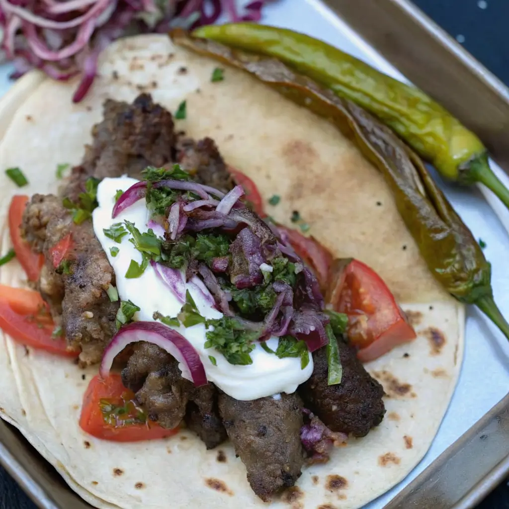 Backpapier-Döner im Airfryer servieren: Saftige Fleischspieße auf Fladenbrot mit Joghurt, Zwiebeln & Tomaten – perfekt zubereitet im Ofen.