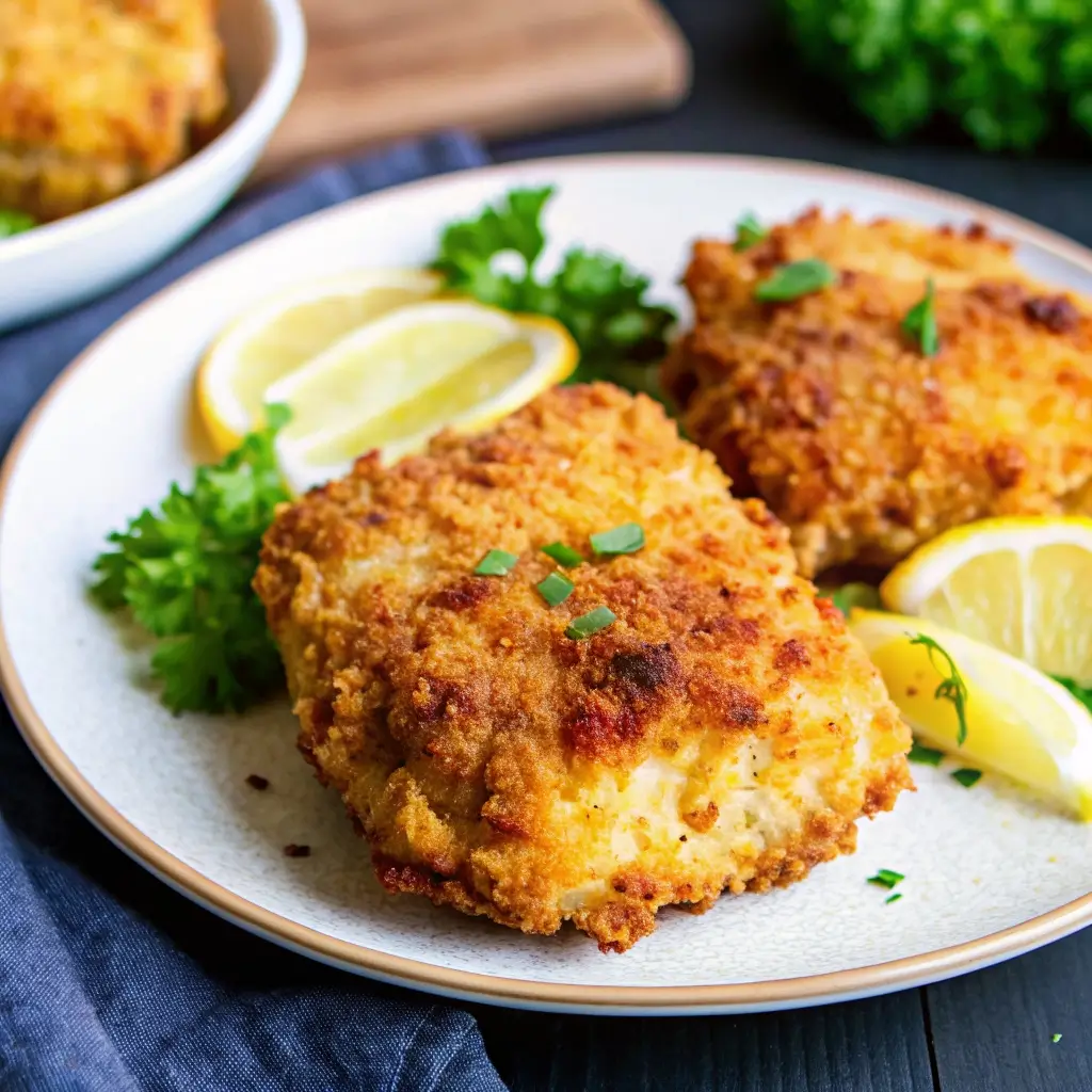 Das fertige Cordon Bleu auf vorgewärmten Tellern anrichten – knusprig, goldbraun und perfekt garniert mit Zitrone & Petersilie.