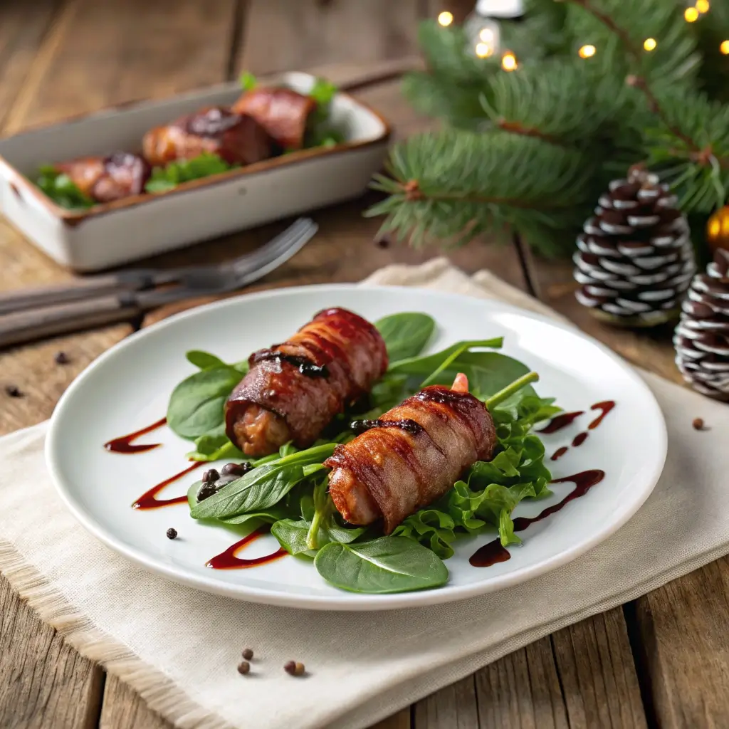 Datteln im Speckmantel servieren auf Salatbett mit Balsamico-Dressing