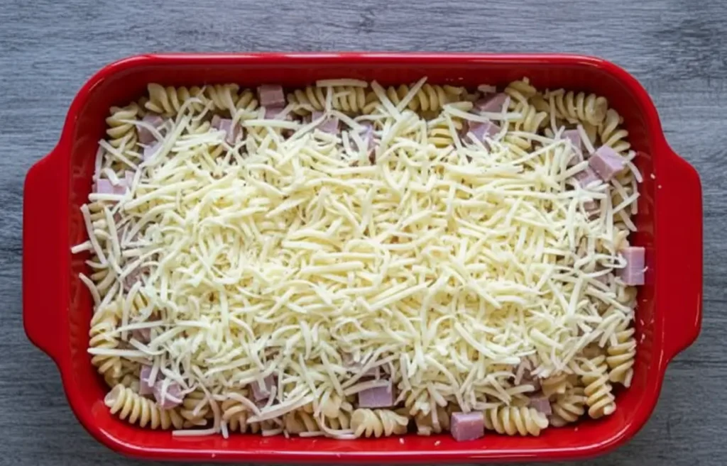 „Die Mischung aus Nudeln, Schinken und Käse in eine rote Auflaufform geben – perfekt vorbereitet für den Airfryer“