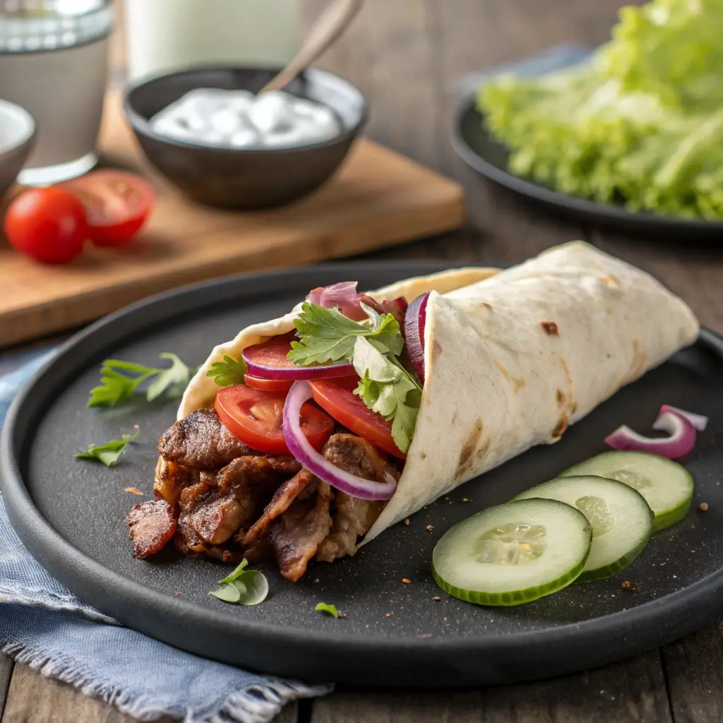 Döner im Airfryer servieren – knuspriges Fleisch, frische Gemüse & Dip auf schwarzem Teller, perfekt für schnelles Heimessen
