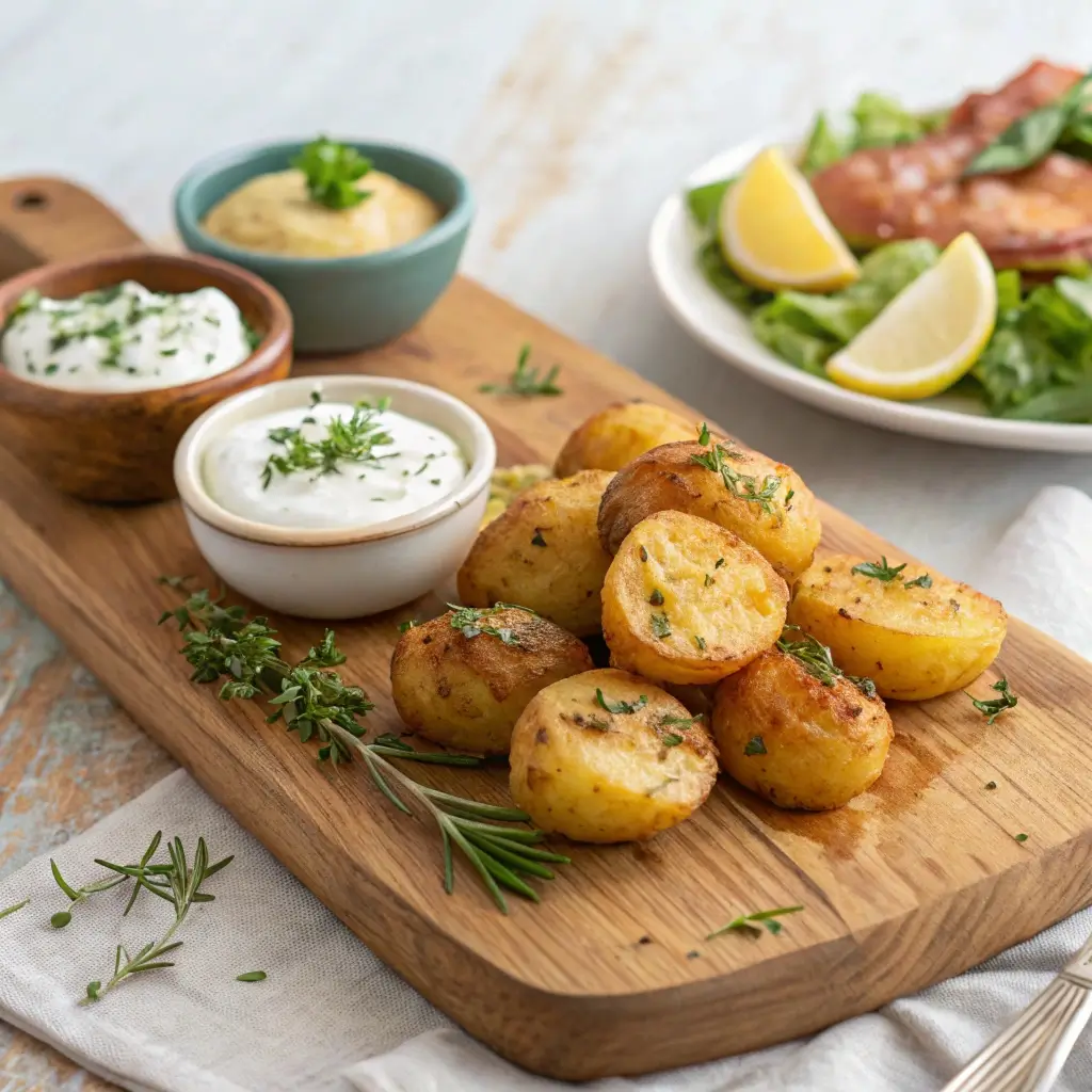 Drillinge Airfryer Servieren – knusprig gebacken, mit Kräutern & Dips auf Holzbrett angerichtet