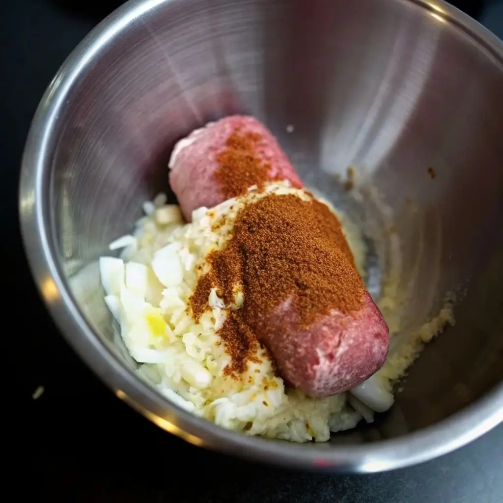 Hackfleischmasse vorbereiten: Hackfleisch, Zwiebeln & Gewürze in Edelstahlschüssel – perfekt für Backpapier-Döner im Airfryer