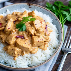 Ihr cremiges Hähnchengeschnetzeltes servieren – saftig, würzig & perfekt angerichtet auf Reis mit frischer Petersilie