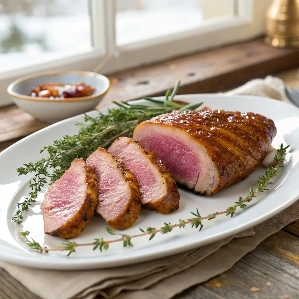 Knusprige Entenbrust aus der Heißluftfritteuse servieren – rosa, saftig, mit Thymian garniert