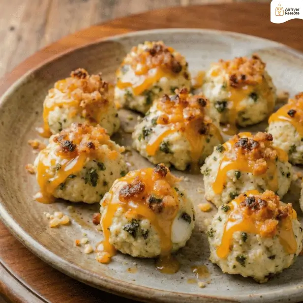 Goldbraune Käse-Lauch-Bällchen auf einem Teller, zubereitet in der Heißluftfritteuse.