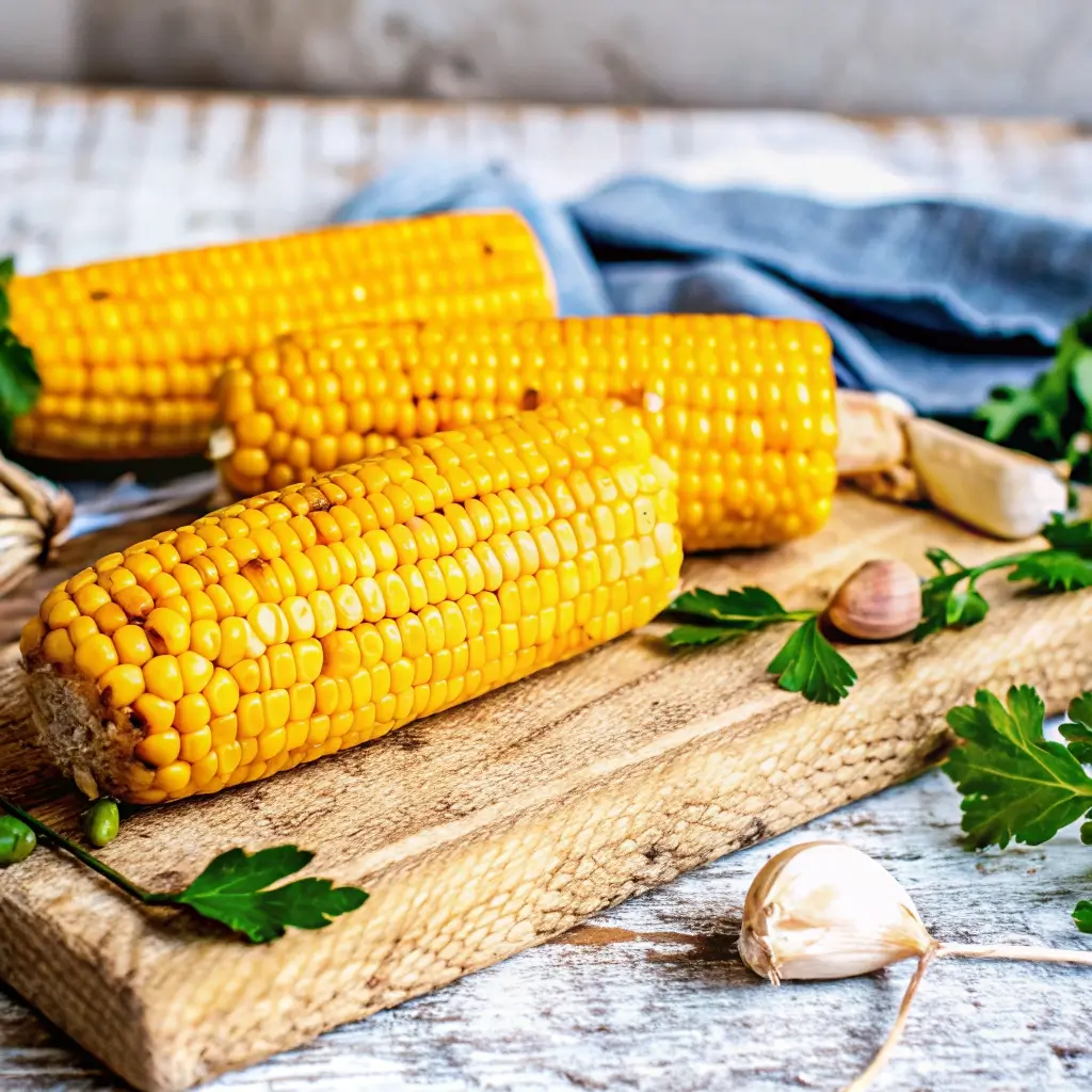 Gekochte Maiskolben servieren auf einer rustikalen Holzplatte mit frischer Petersilie und Knoblauch – perfekt angerichtet, lecker und einladend.