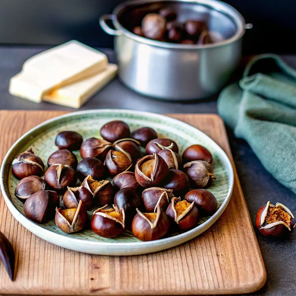 „Gebratene Maronen im Airfryer serviert auf einem grünen Teller mit frischer Butter daneben – perfekter Herbstsnack warm und knusprig“