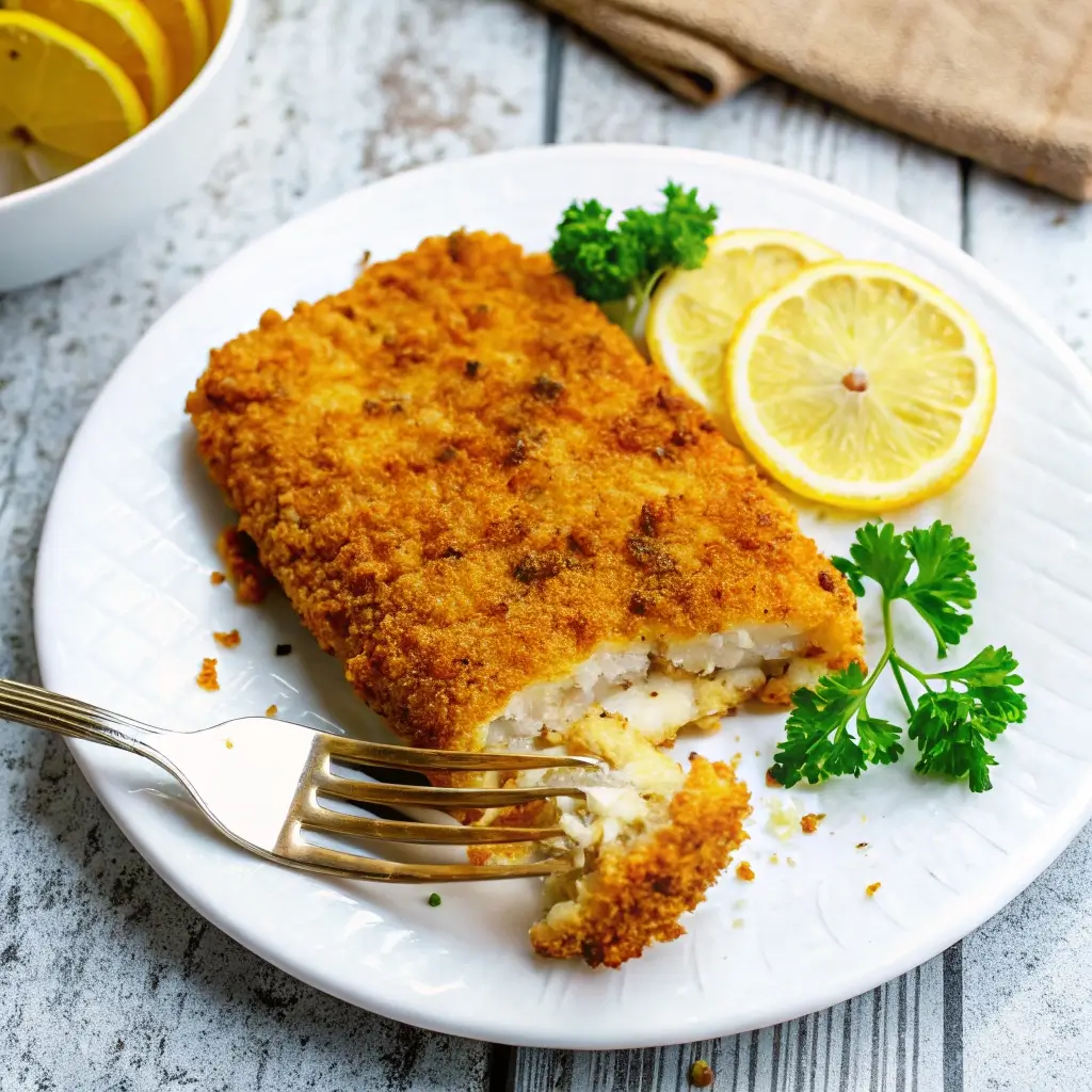 Schlemmerfilet im Airfryer servieren: knusprig gebacken, saftig innen, mit Zitrone & Petersilie auf weißem Teller