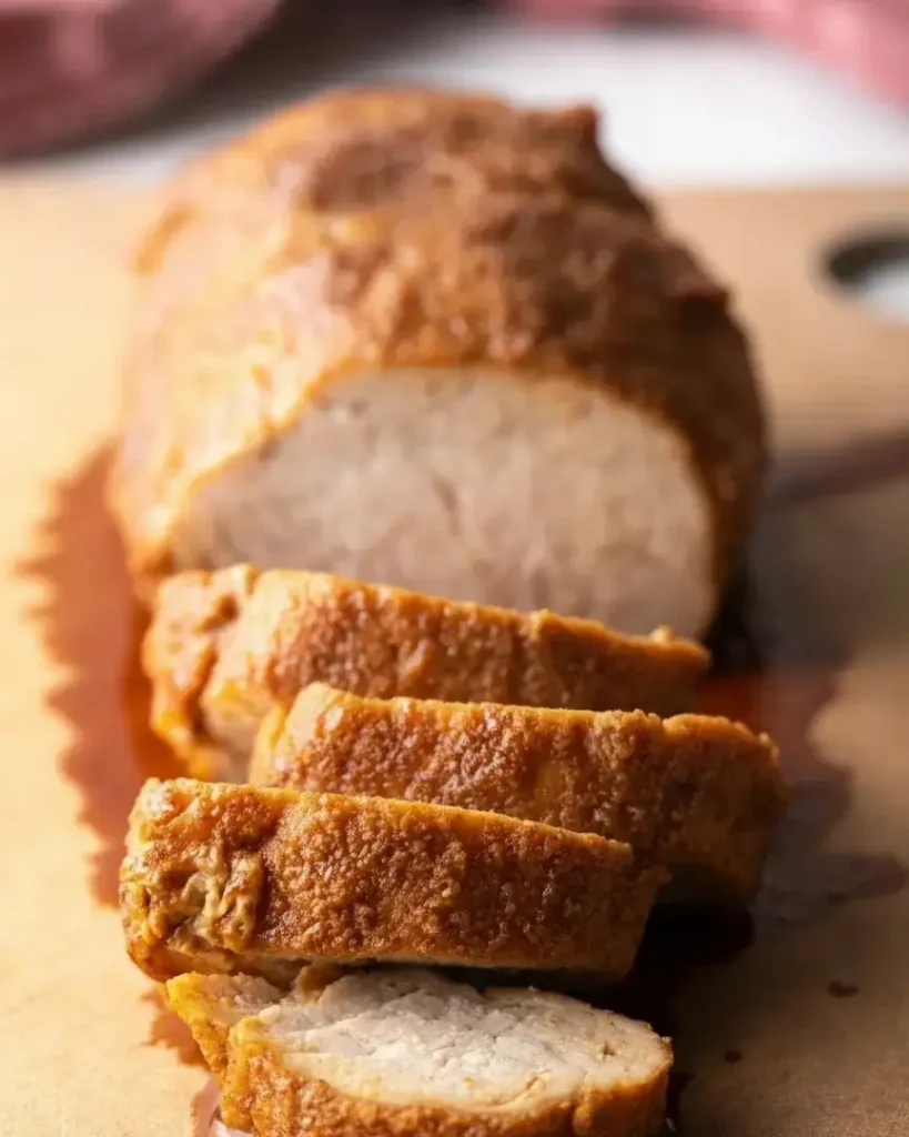 Gegartes Schweinefilet im Schnitt: saftiges Innere und knusprige Kruste – so sieht der perfekte Garprozess in der Heißluftfritteuse aus.