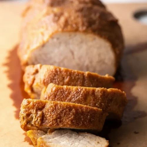 Gegartes Schweinefilet im Schnitt: saftiges Innere und knusprige Kruste – so sieht der perfekte Garprozess in der Heißluftfritteuse aus.