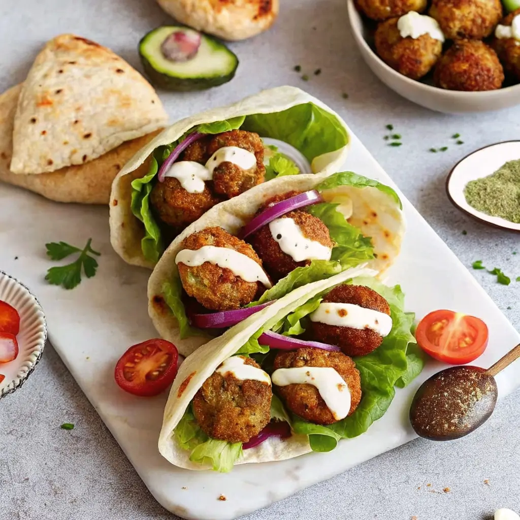 Goldbraune Falafel in Fladenbrot servieren – knusprig, mit Salat, Zwiebeln & cremiger Sauce