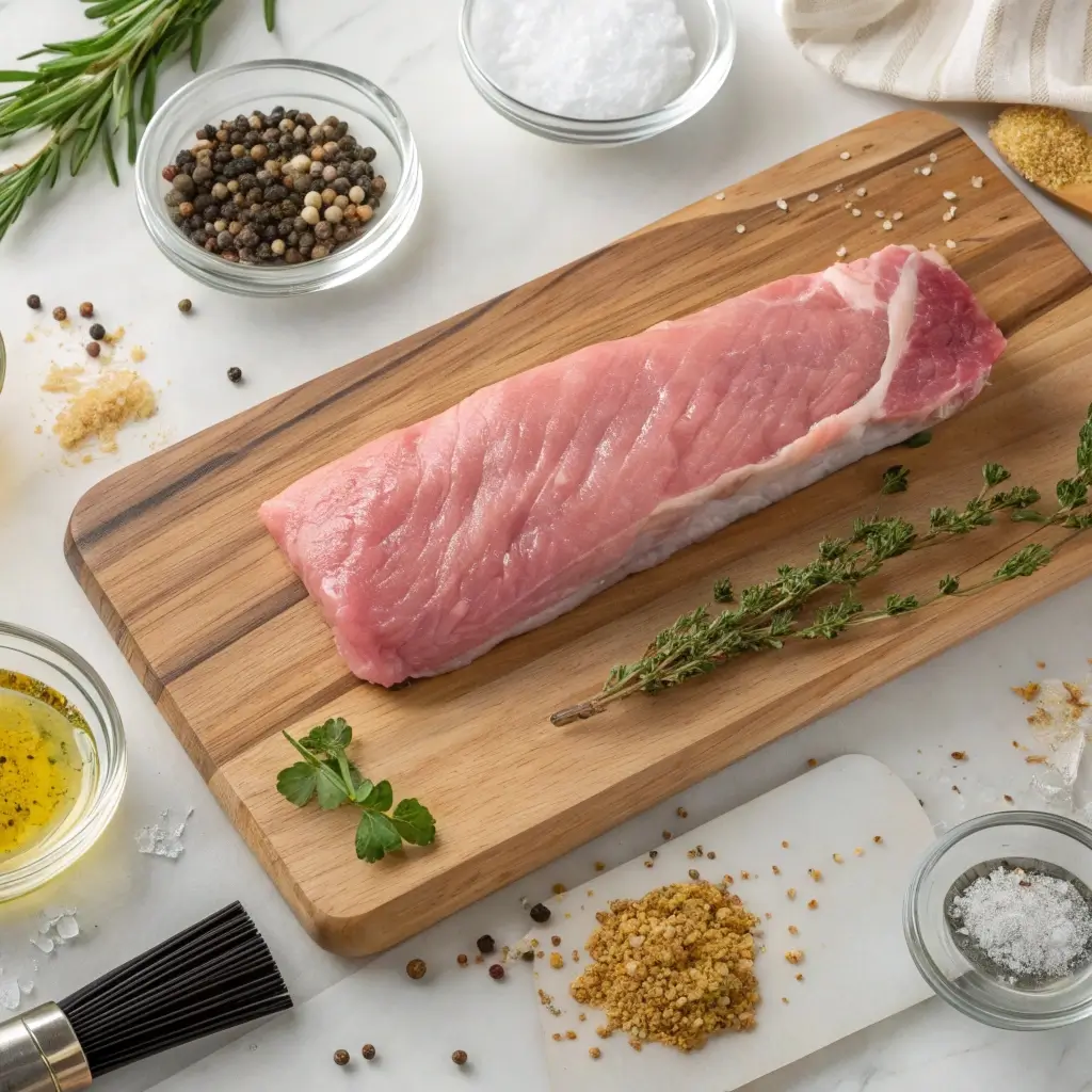 Frisches Schweinefilet mit Zutaten wie Rosmarin, Thymian, Salz, Pfeffer, Olivenöl und Knoblauchpulver – perfekt für ein leckeres Rezept in der Heißluftfritteuse oder im Ofen.