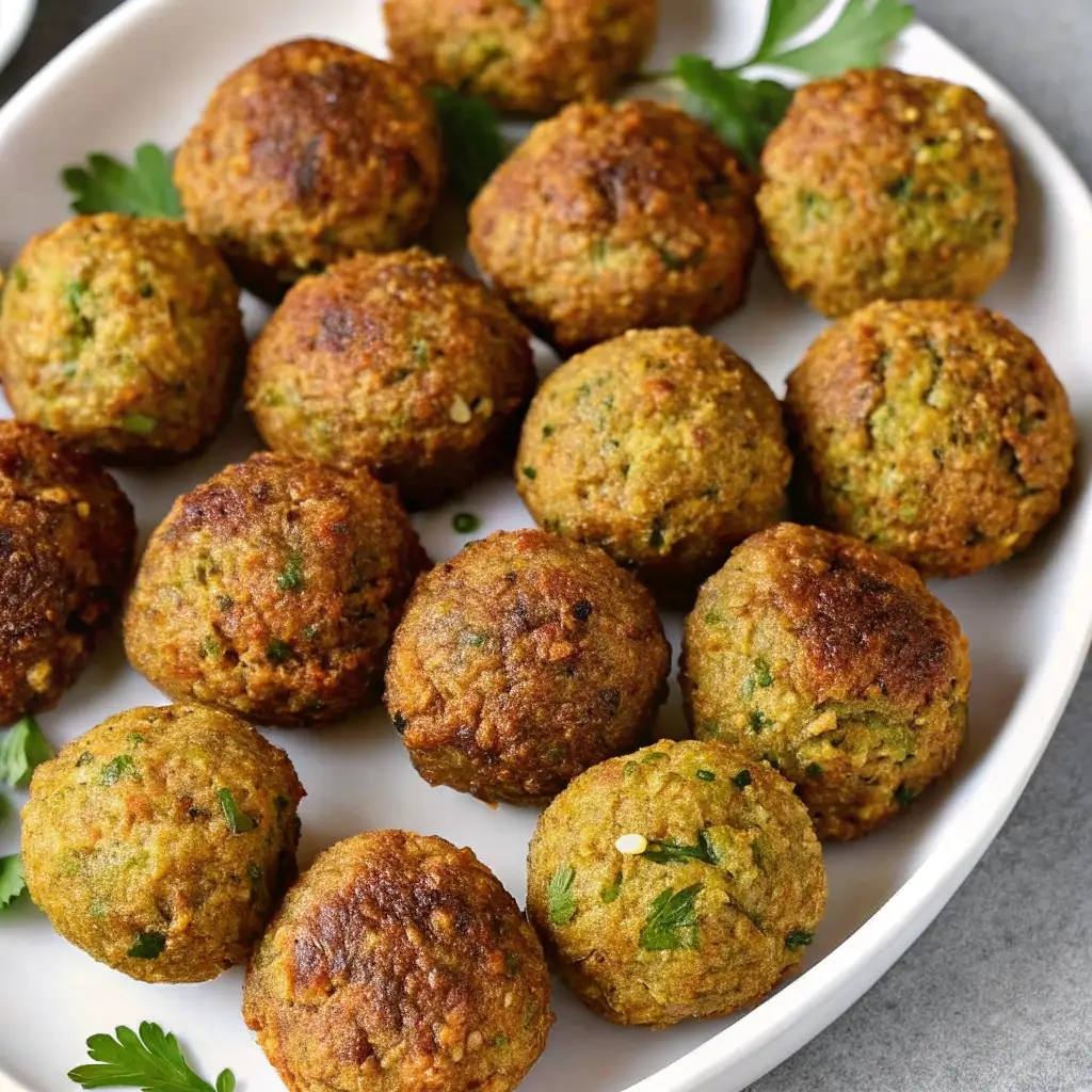 Goldbraune, knusprige Falafelbällchen auf weißem Teller, garniert mit frischer Petersilie.