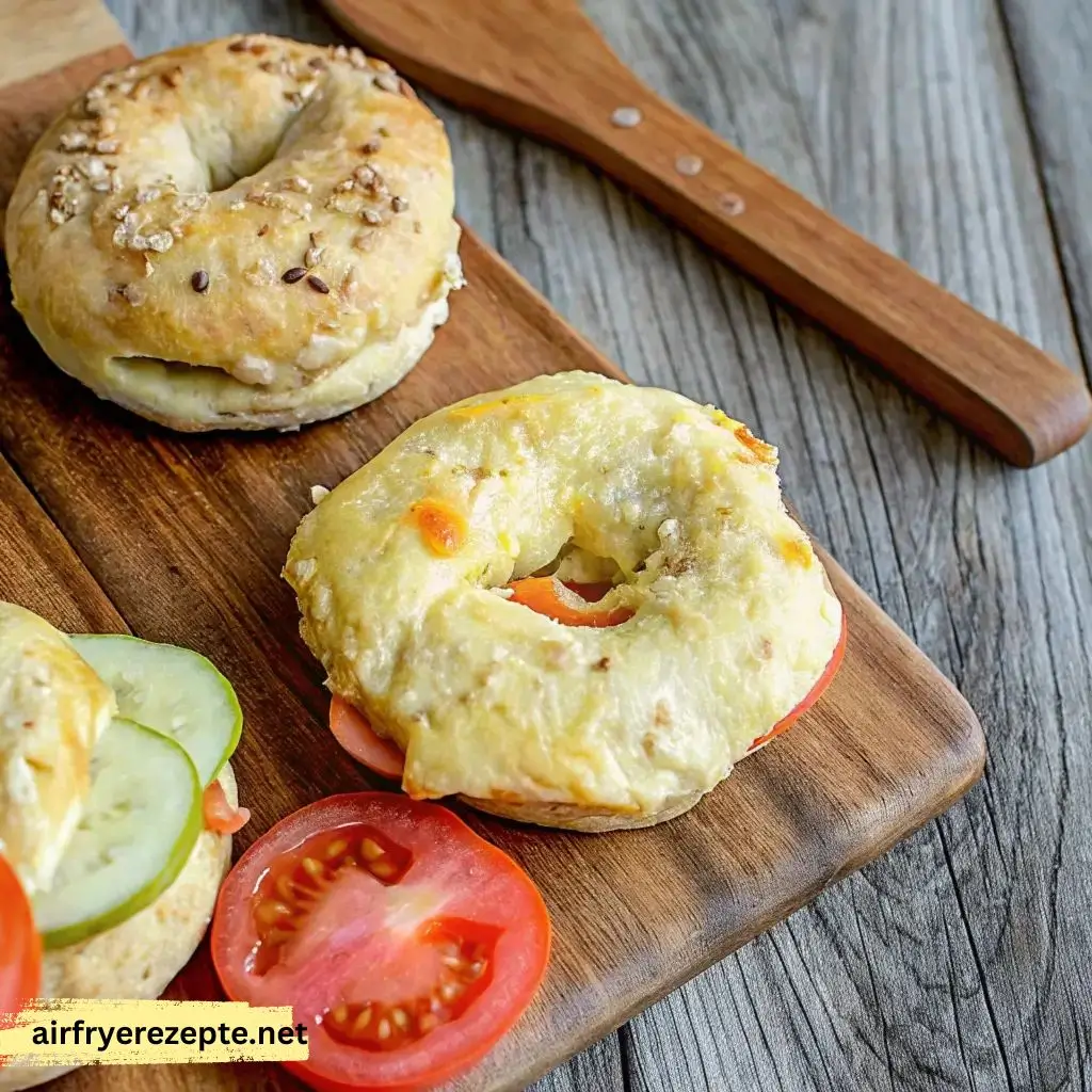 Frische Bagels mit Käse, Tomate und Gurke auf Holzbrett serviert – perfekt für Frühstück oder Snack