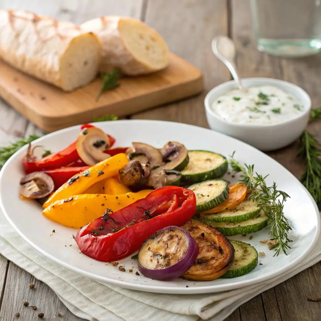 Ofengemüse aus dem Airfryer mit bunten Paprika, Zucchini, Aubergine und Champignons, garniert mit frischem Rosmarin und serviert mit einem cremigen Kräuter-Dip und frischem Baguette.