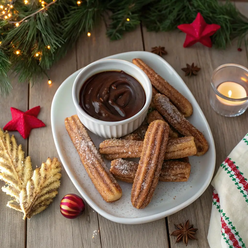 Churros servieren – knusprig, zimtbestäubt mit Schokosauce auf weißer Platte, umgeben von Weihnachtsdekoration und warmem Kerzenlicht