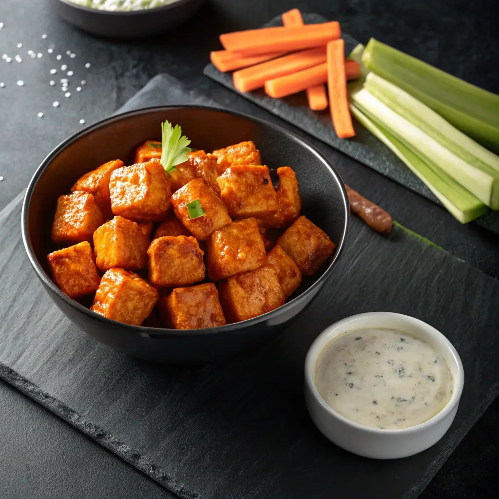 Knusprige Buffalo Tofu Bites in würziger Sauce mit Karotten- und Selleriesticks sowie cremigem Dip serviert.