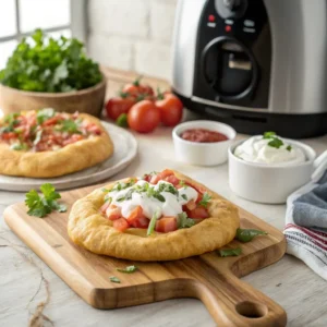 Knuspriger Langos aus dem Airfryer – serviert auf Holzbrett mit Sauerrahm, Tomaten und Kräutern, Airfryer im Hintergrund als Zubereitungsgerät.