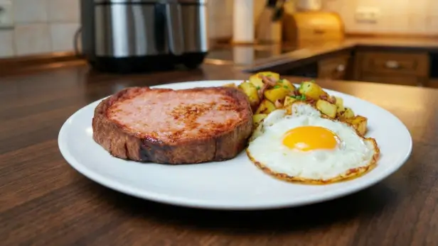 Weißer Teller mit Spiegelei, Bratkartoffeln und einer Scheibe Leberkäse in der Heißluftfritteuse zubereitet vor Küchenhintergrund.