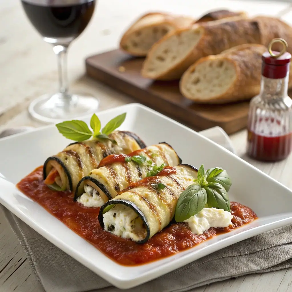 Mediterrane Auberginen Röllchen im Airfryer mit Ricotta-Füllung, Tomatensauce und frischem Basilikum – serviert mit Baguette und Rotwein.