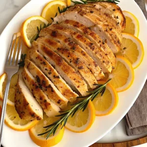 Geschnittener Putenbraten aus der Heißluftfritteuse serviert mit Zitrone & Rosmarin – saftig, aromatisch und perfekt angerichtet.