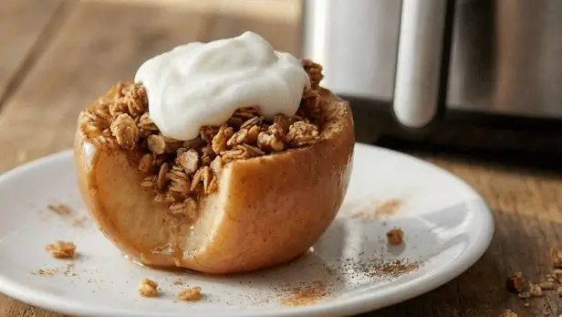 Nahaufnahme eines warmen Bratapfel Airfryer Desserts, gefüllt mit Granola und getoppt mit Joghurt, auf einem weißen Teller.