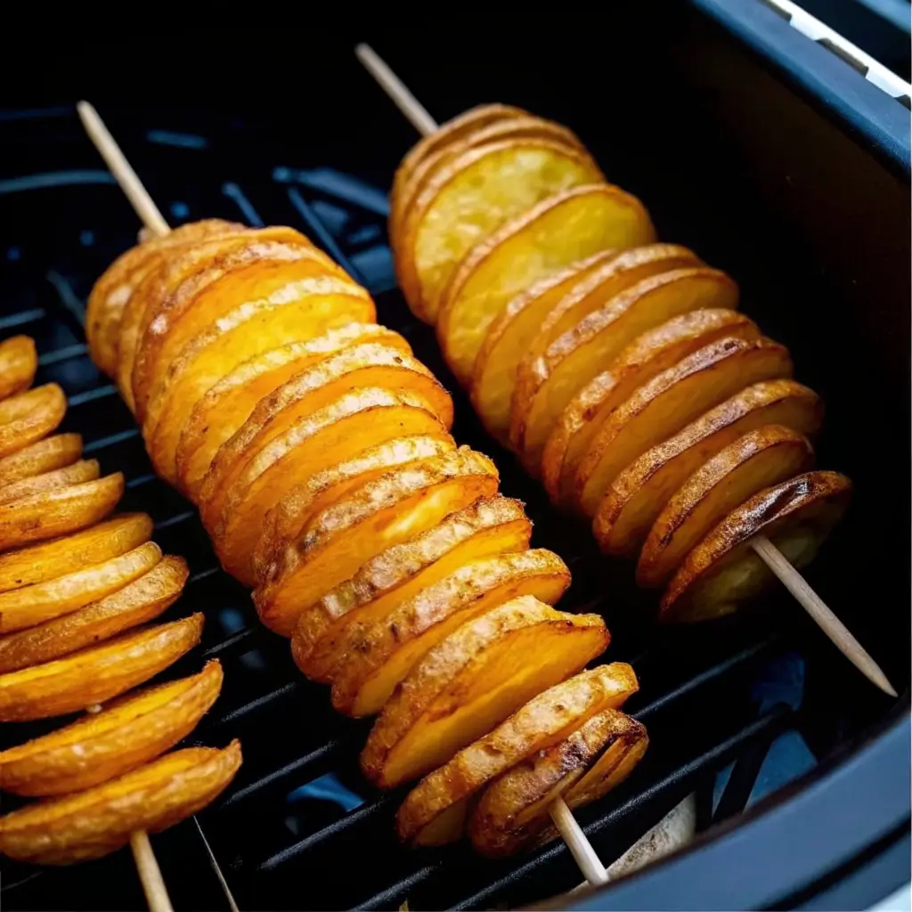 Knusprige Spiralkartoffeln am Spieß im Airfryer – frisch gebacken und perfekt gewürzt.