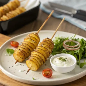 Knusprige Spiralkartoffeln am Holzspieß mit Rucola-Tomaten-Salat und Kräutersauce – perfekt serviert aus dem Airfryer.