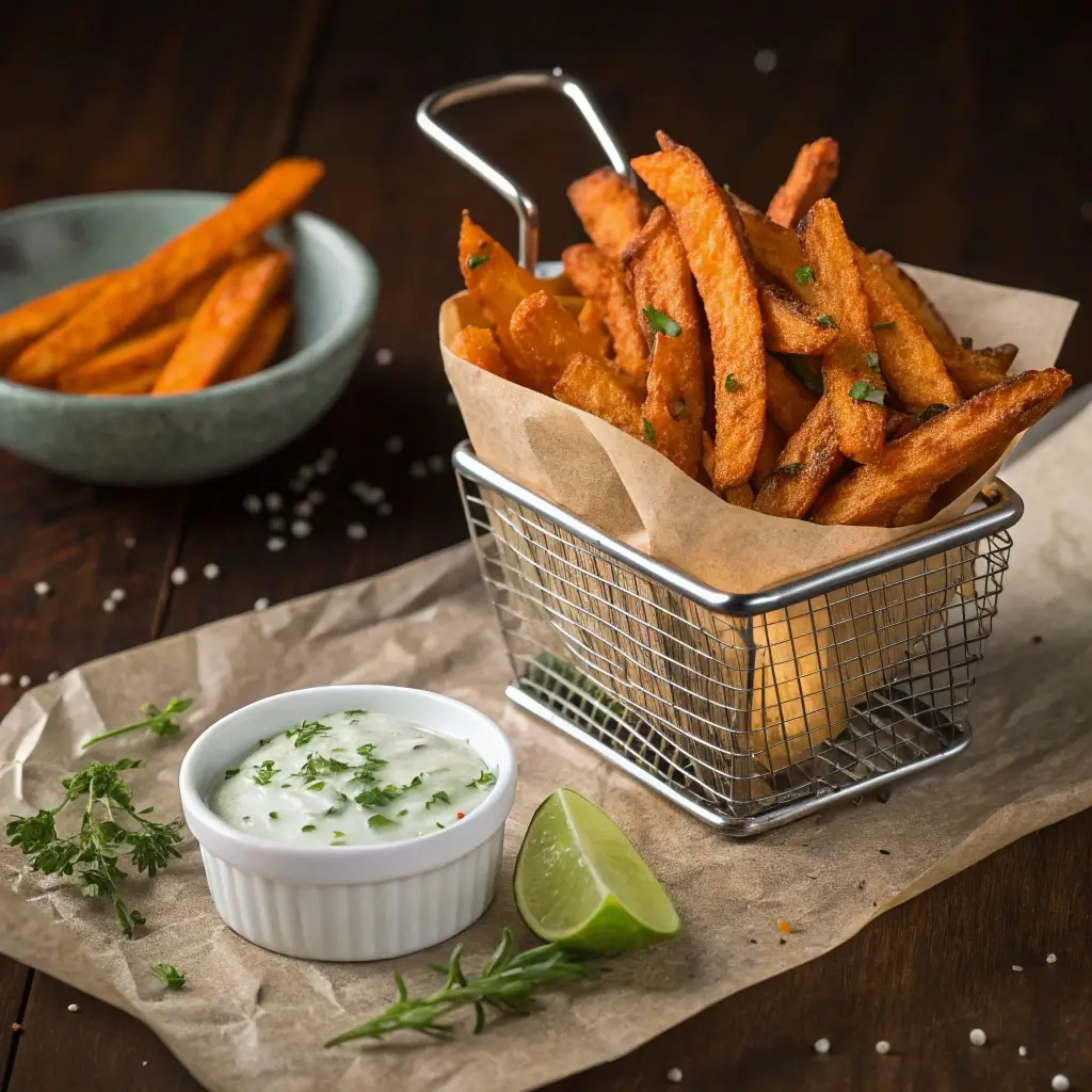 Süßkartoffel Pommes mit Kräuterquark im Airfryer – knusprig, gesund und perfekt gewürzt, serviert in einer Metallschale mit Limette und frischen Kräutern.