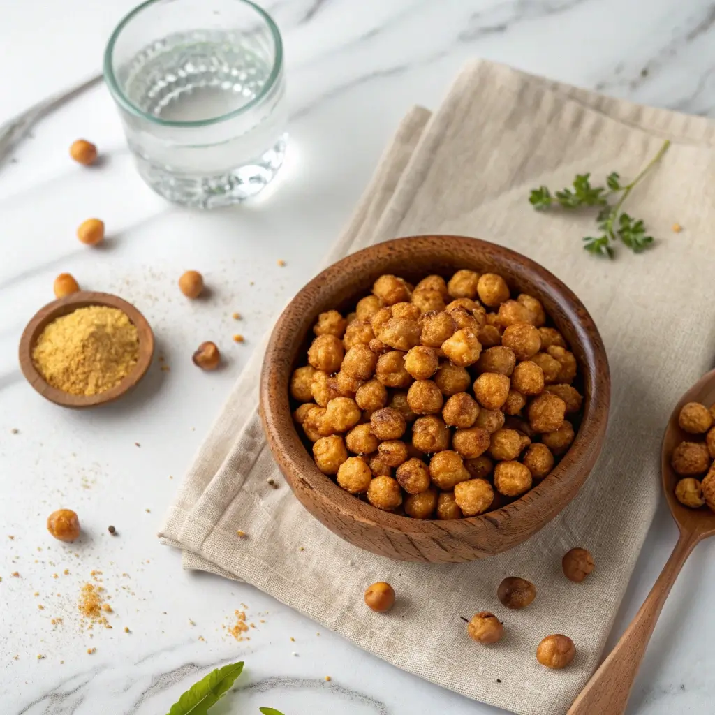 Würzige Kichererbsen Snack im Airfryer – knusprig, gesund und perfekt gewürzt, serviert in einer Holzschale mit Gewürzen und frischen Kräutern.