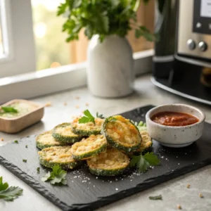 Knusprige Zucchini Chips mit frischen Kräutern und Parmesan auf Schieferplatte, serviert mit Dip – perfekt zum Selbermachen