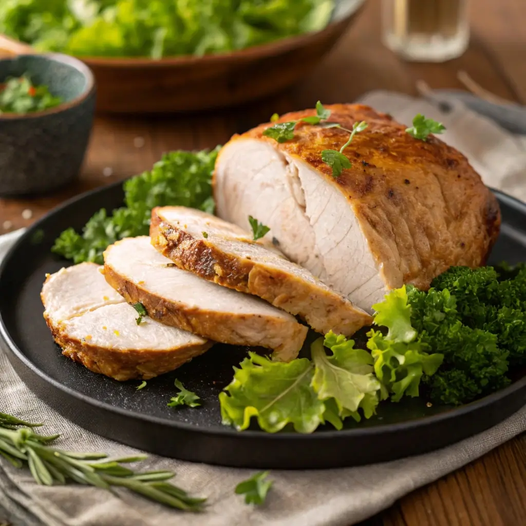 Putenbraten im Airfryer servieren – saftig, knusprig und perfekt gebraten, garniert mit frischen Kräutern und grünem Salat auf einem schwarzen Teller.