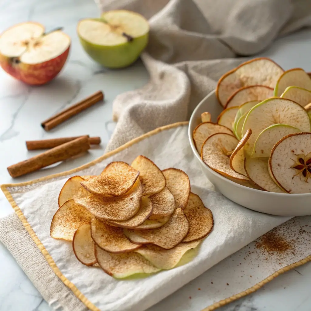 Knusprige luftgebackene Apfel-Zimt-Chips, bestreut mit Zimtpulver, auf einem hellen Tuch angerichtet mit frischen Äpfeln und Zimtstangen im Hintergrund.