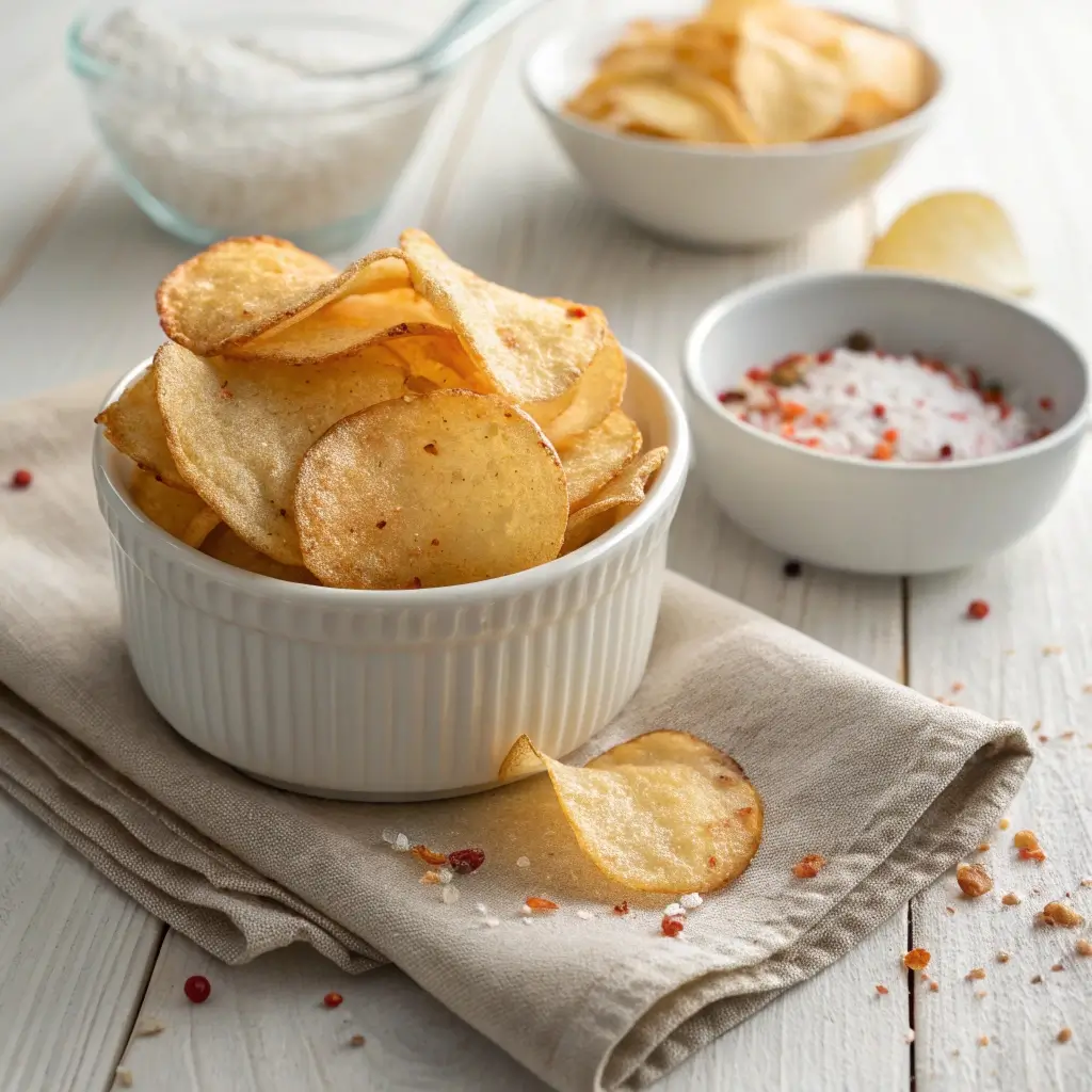 Knusprige klassische Kartoffelchips aus der Luftfritteuse in einer weißen Schale, serviert mit Salz und Gewürzen auf einem hellen Holztisch.