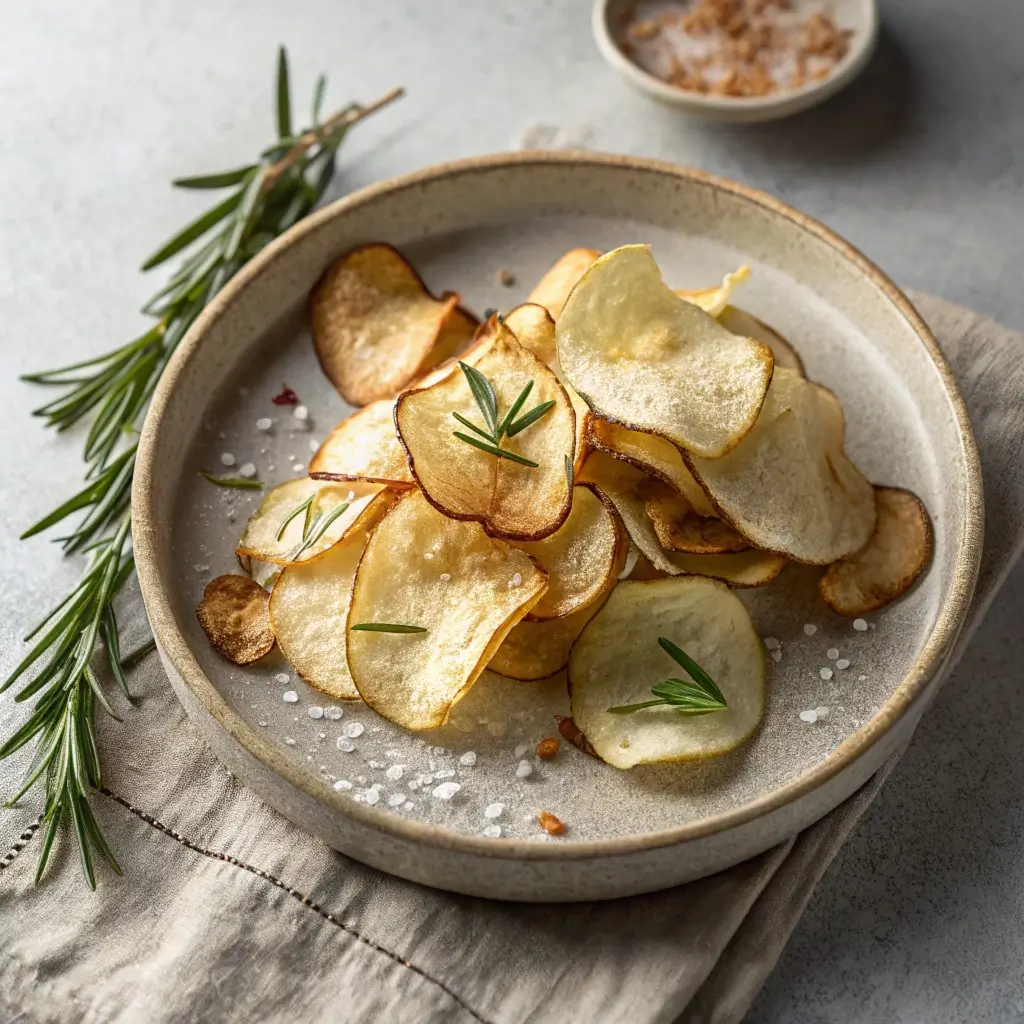 Knusprige Pastinaken-Chips mit Rosmarin auf einem Keramikteller, bestreut mit Meersalz, daneben frische Rosmarinzweige und eine Salzschale im Hintergrund.