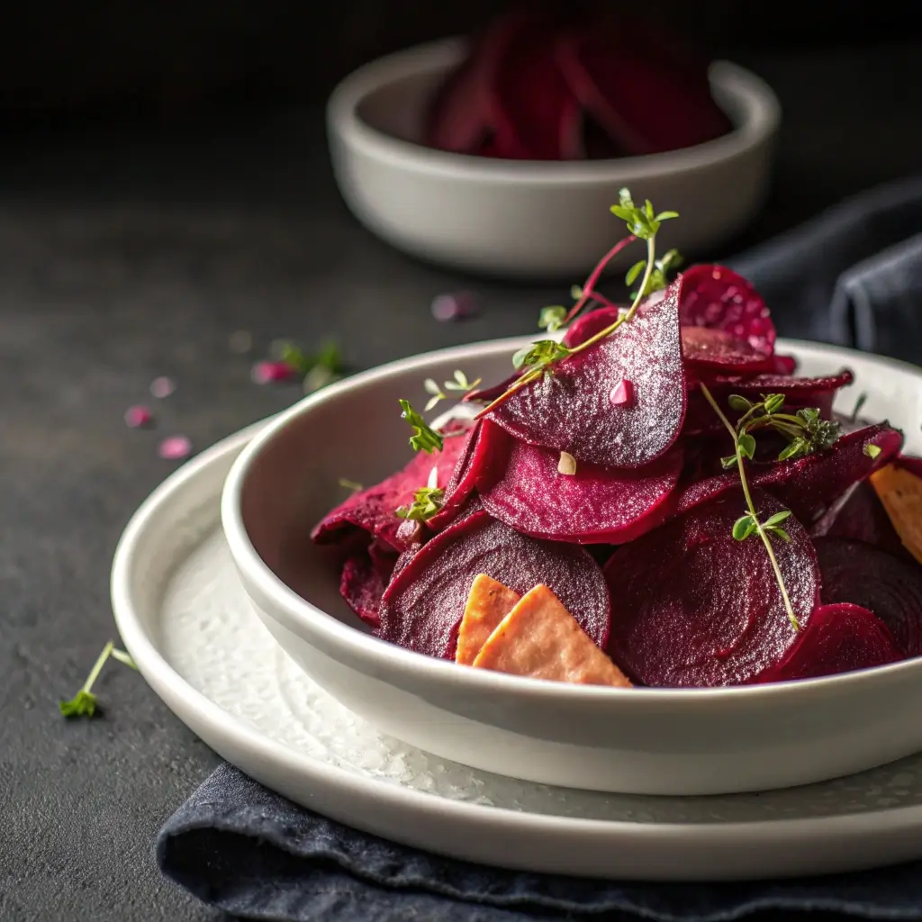 Vibrant rote Rote-Bete-Chips mit frischem Thymian in einer weißen Schale, serviert auf einem dunklen Untergrund mit weiteren Chips im Hintergrund.