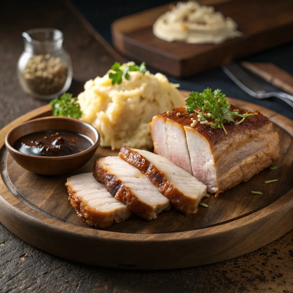Knuspriger Schweinebauch servieren mit Kartoffelpüree und Sauce auf Holzbrett – perfekt für ein festliches Dinner.
