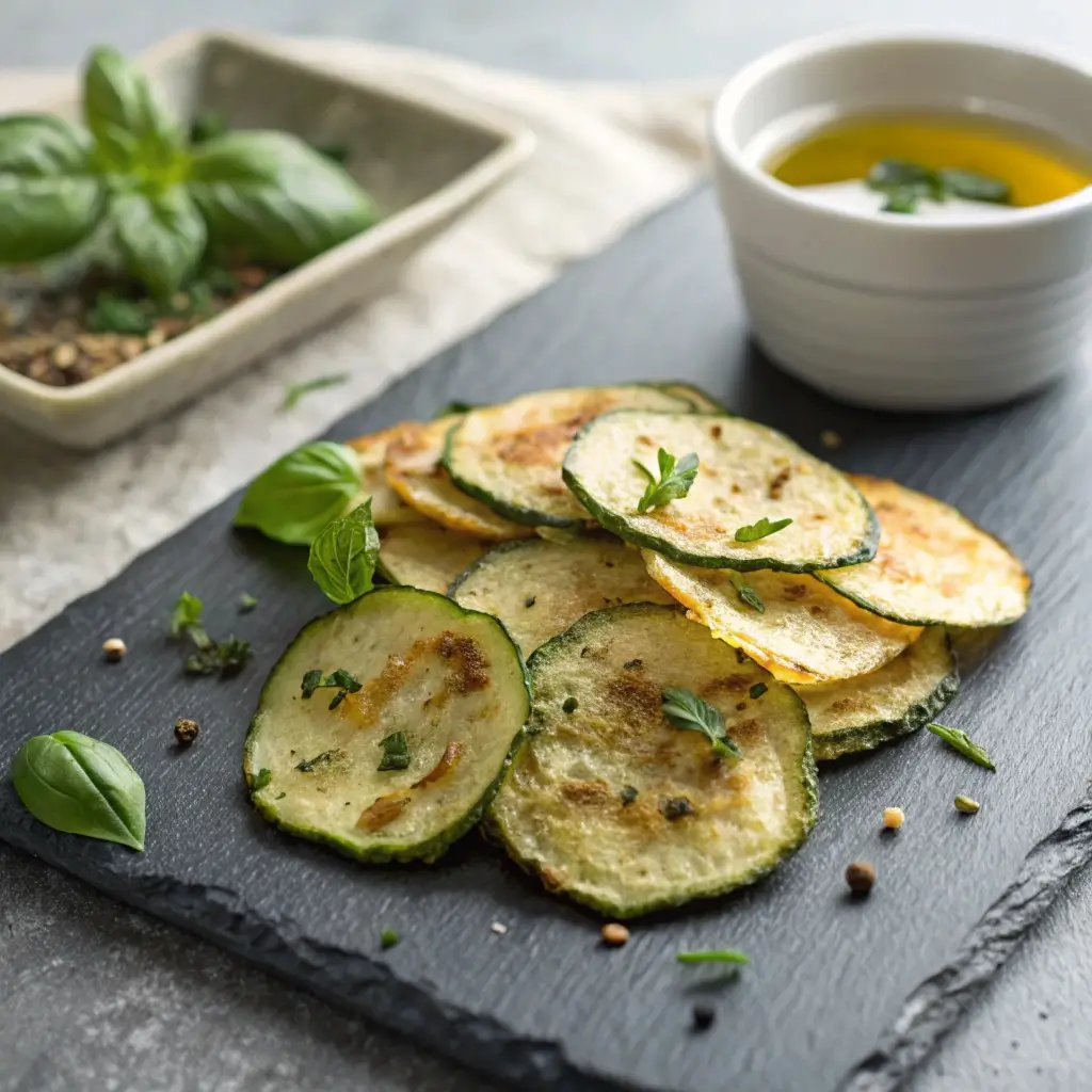 Knusprige Zucchini-Chips mit frischen Kräutern aus der Luftfritteuse auf einem Schieferbrett, serviert mit Olivenöl-Dip und Basilikum.