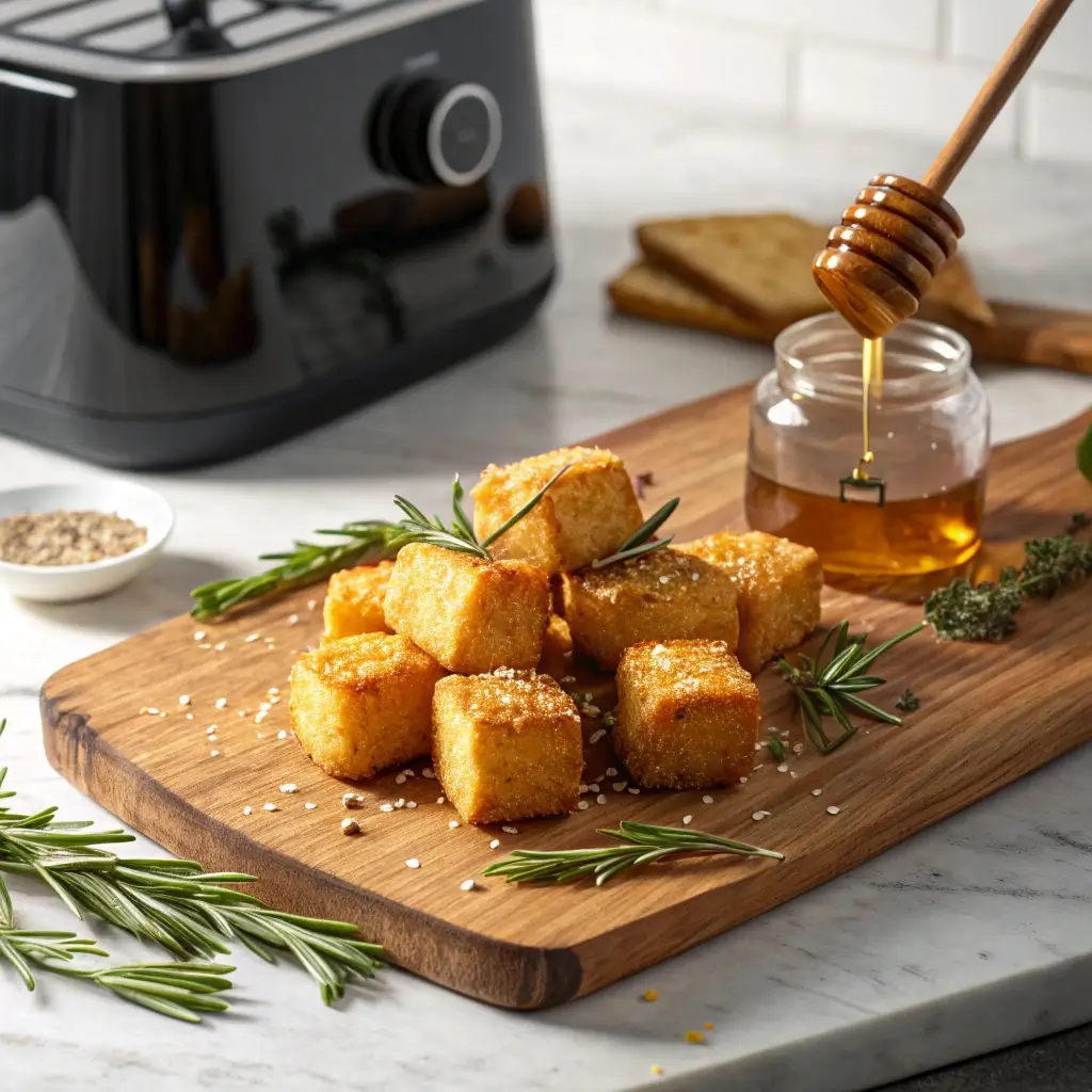 Knusprige Airfryer Feta-Häppchen mit Honig, Rosmarin und Airfryer auf Holzbrett – perfekt als schnelles Snack.