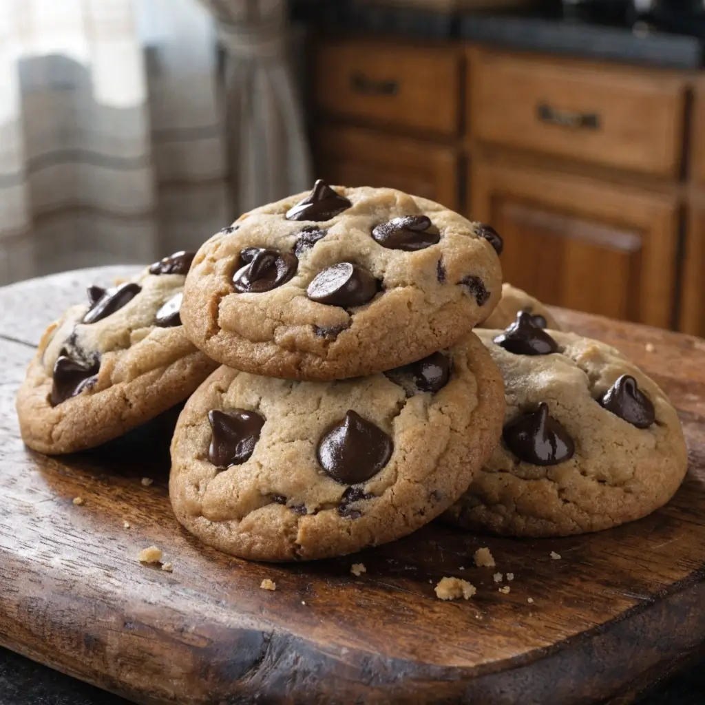 Cookies im Airfryer servieren, goldbraune Chocolate Chip Cookies mit Schokoladenstücken auf rustikalem Holzbrett angerichtet