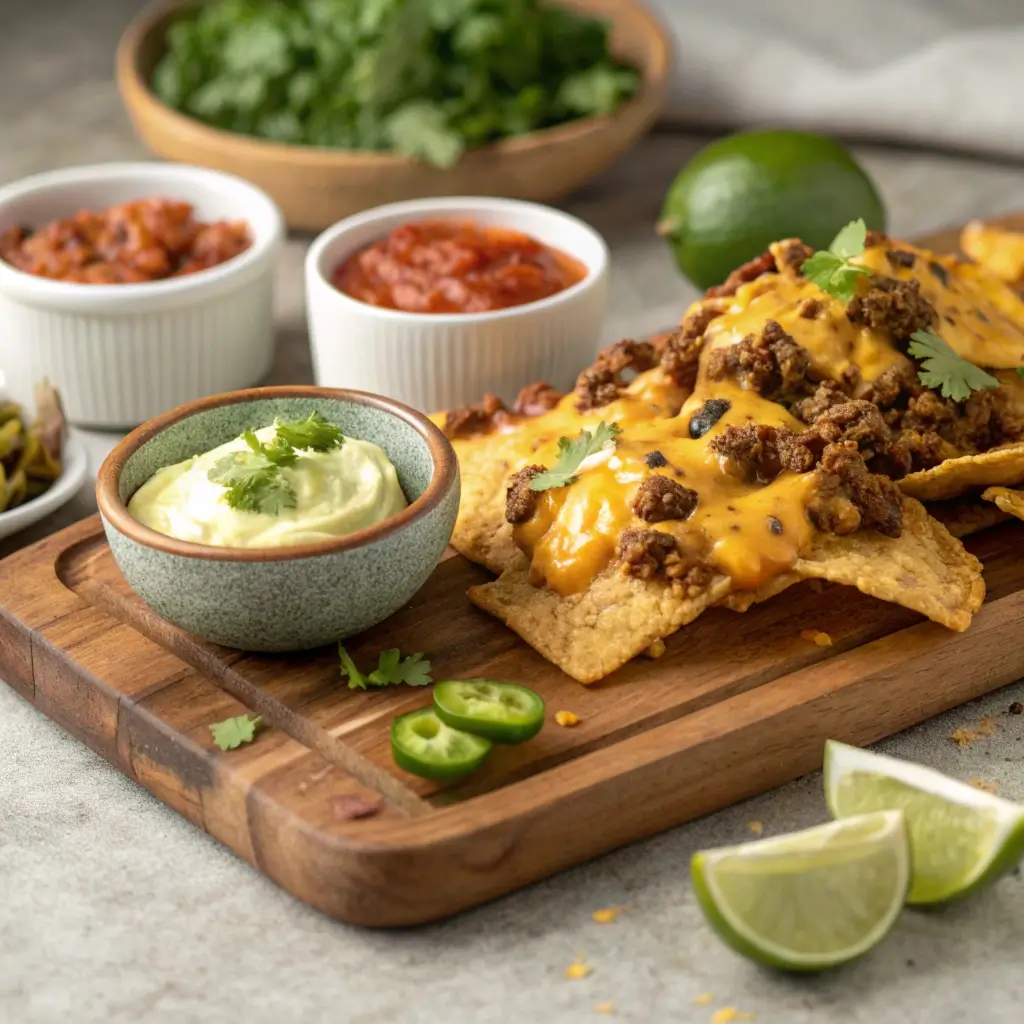 Die Nachos Airfryer servieren: Knusprige Chips mit Käse, Hackfleisch, Jalapeños und Limette – perfekt für schnelle Partysnacks.