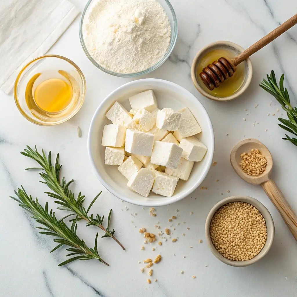 Feta-Häppchen Zutaten: Feta-Würfel, Mehl, Honig, Rosmarin & Gewürze auf Marmor – schnelles Rezept für knusprige Häppchen.
