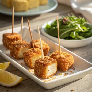 Feta-Häppchen mit Honig und Rosmarin servieren auf weißem Teller – knusprige Häppchen mit Zitronenscheiben und Salat im Hintergrund.