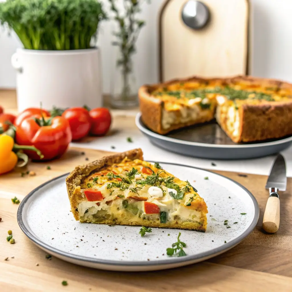 Goldbraune Gemüse-Quiche aus dem Airfryer mit Tomaten, Paprika & frischen Kräutern – vegetarisch, saftig und perfekt für Frühstück oder Brunch.