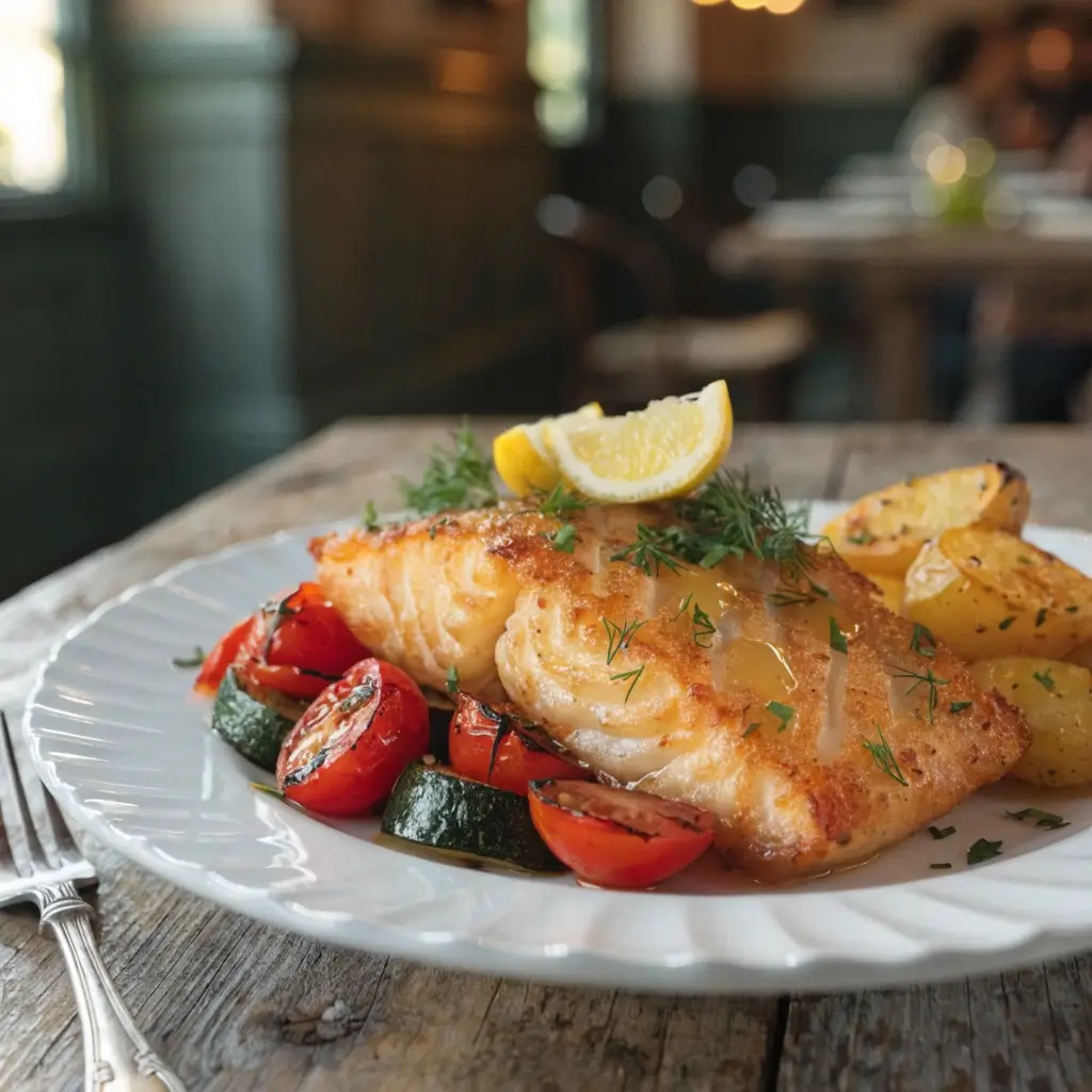 Kabeljau im Airfryer servieren mit geröstetem Gemüse, Kartoffelspalten, Zitronenscheibe und frischem Dill auf weißem Teller