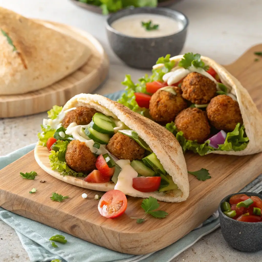 Knusprige Falafel aus dem Airfryer in Pita mit Gurken, Tomaten, frischem Salat und cremiger Sauce – vegetarisch, goldbraun und ideal als schnelles Mittagessen.