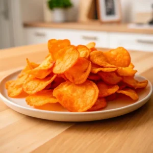 Möhrenchips servieren: Knusprige Möhren-Chips auf weißem Teller, appetitlich angerichtet mit frischen Kräutern.