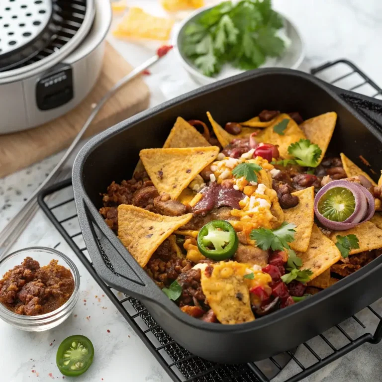 Nachos Airfryer mit knusprigen Tortilla-Chips, geschmolzenem Käse, Jalapeños, Bohnen und frischem Koriander – perfekt zubereitet im Airfryer für schnelle Snacks.