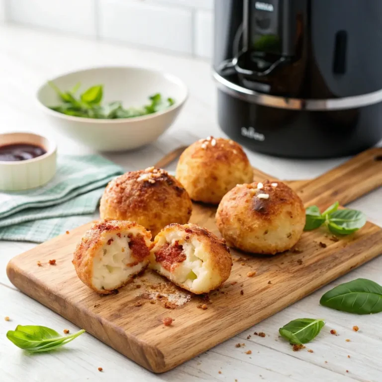 Knusprige Pizza Bombs aus der Heißluftfritteuse mit Käse-Tomatensauce-Füllung auf Holzbrett, garniert mit frischem Basilikum.